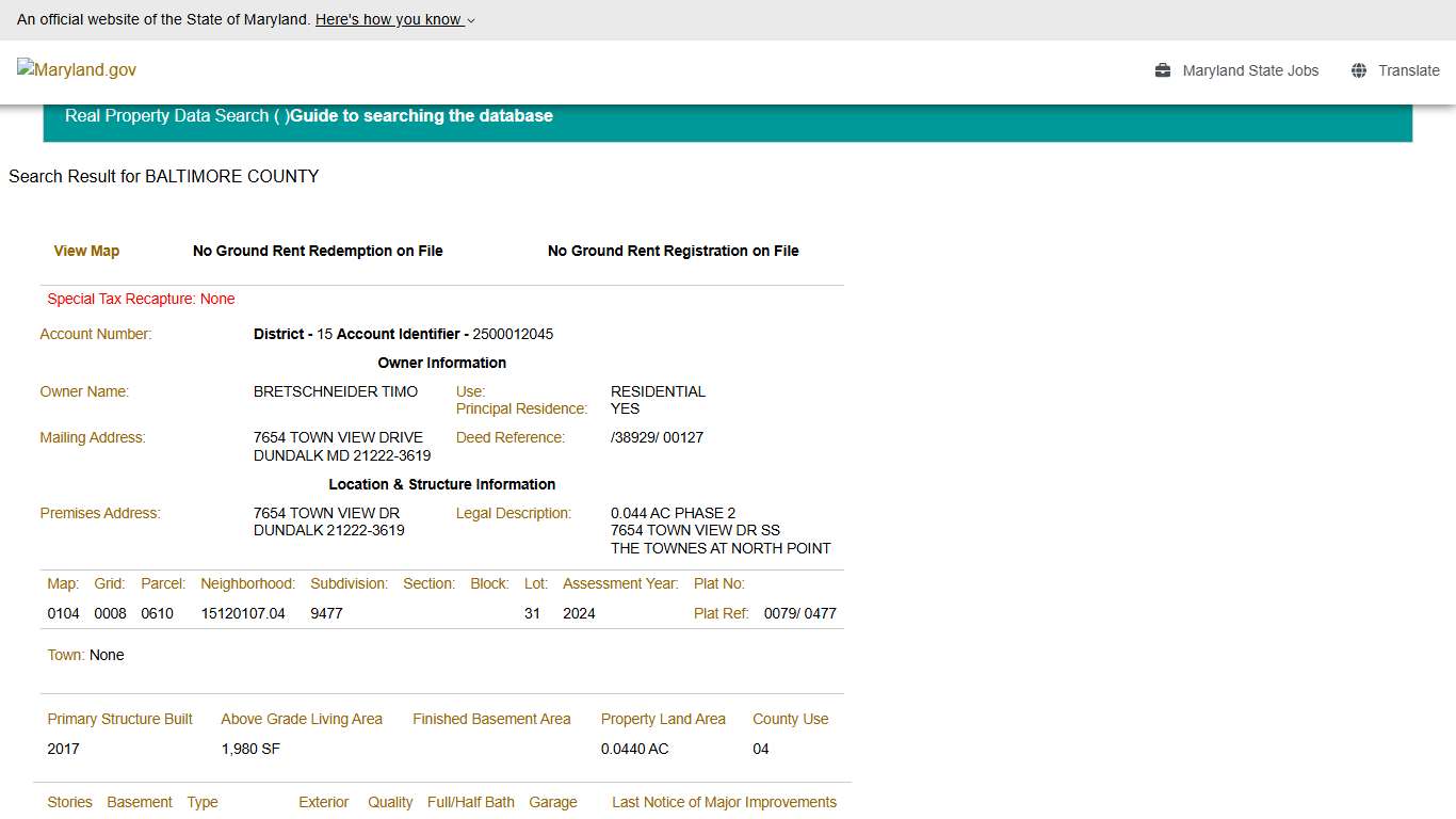 SDAT: Real Property Data Search